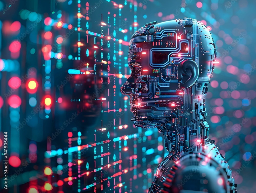 Poster a futuristic humanoid robot with intricate circuit patterns stands against a glowing digital backdro