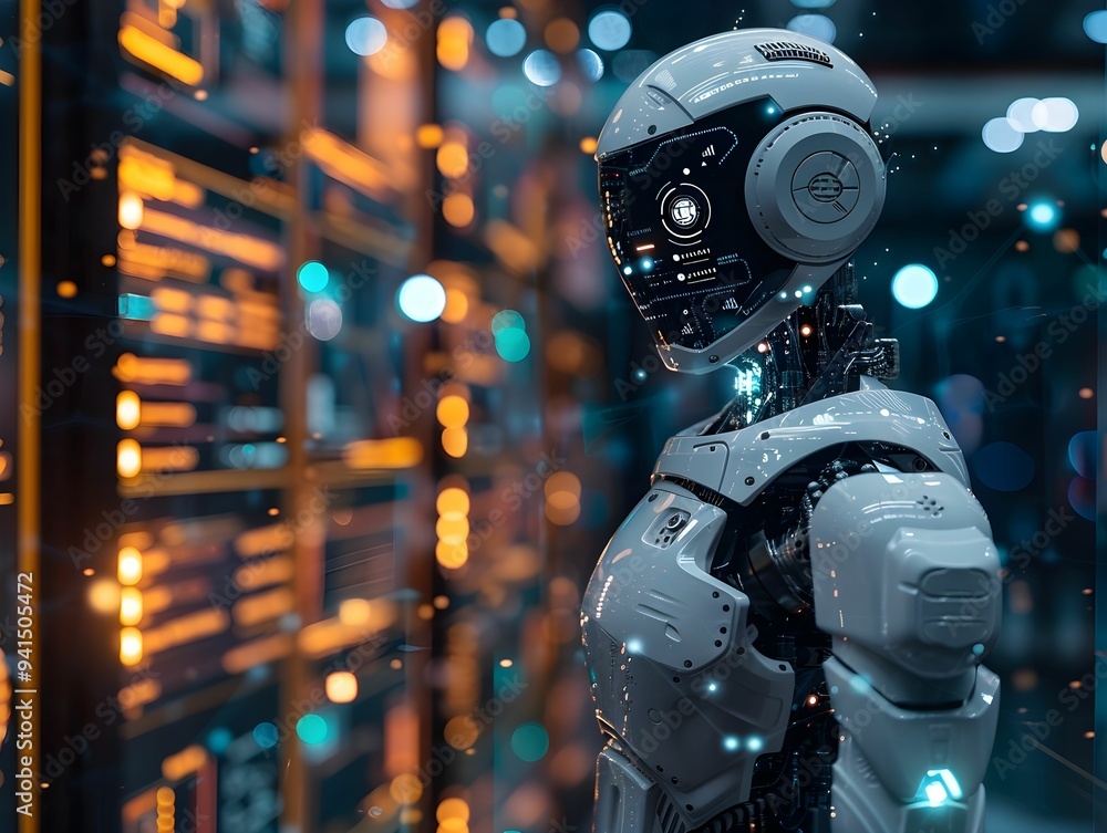 Poster a futuristic humanoid robot stands in a high-tech lab filled with glowing data screens, showcasing a