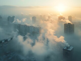 Obraz premium Foggy city skyline at dawn with rising smoke from buildings creating a mystical atmosphere