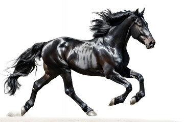 A majestic black horse running gracefully across a light background.