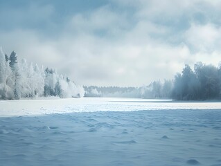 Frozen lake reflecting a serene winter landscape under a cloudy sky in the afternoon light