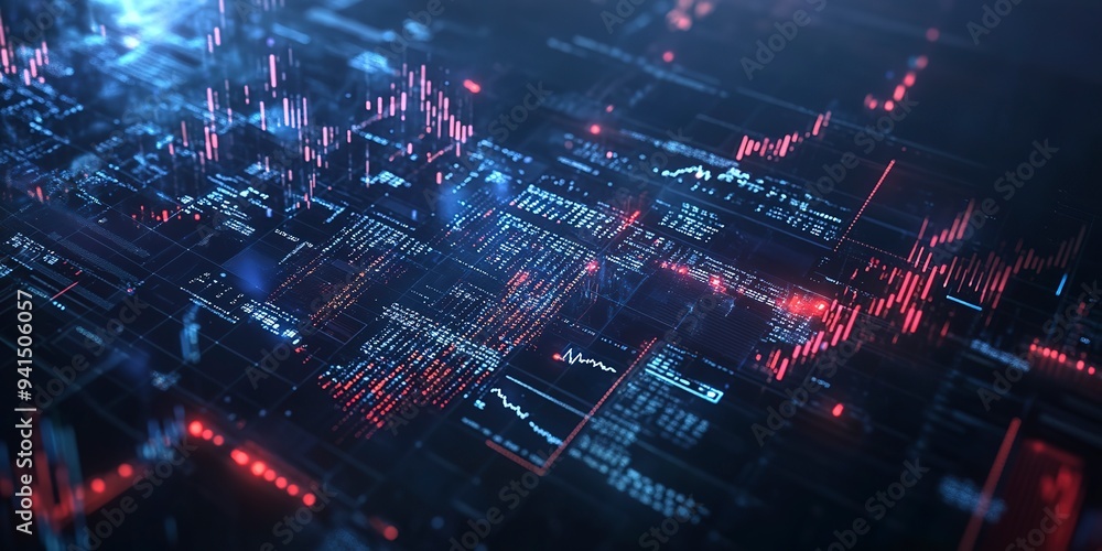 Poster complex financial data display with stock market trading graph and indicators.