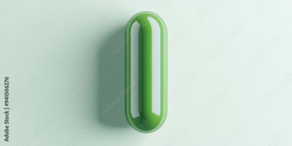 Poster a 3d simple style icon of a green capsule with liquid inside placed on a light background with a sof