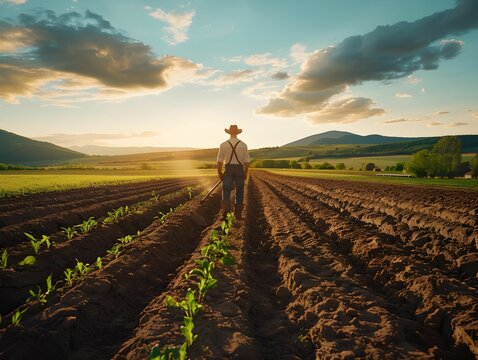 A farmer walking through freshly planted rows at sunset in a rural landscape showcasing fertile fields and mountains