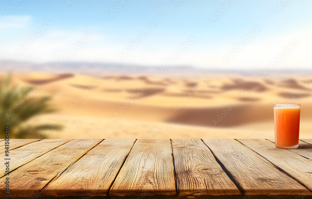 Poster wooden table top on blur desert background.hot weather and drink somethings for fresh.juice and cold