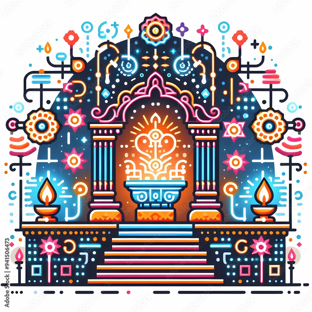 Poster flat neon altar with digital glowing elements concept as an abstract digital artwork of a traditiona
