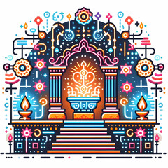 Flat Neon Altar with Digital Glowing Elements concept as An abstract digital artwork of a traditional Dia de Muertos altar enhanced with neon glowing elements and abstract patterns representing the fu