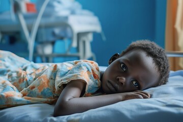 A young child in a hospital bed, wearing a patterned gown, looking contemplative and solemn in a medical setting, conveying themes of illness and care.