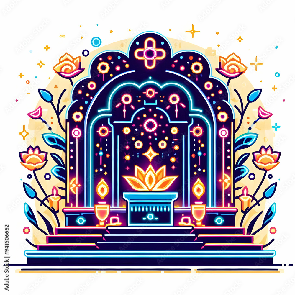 Poster flat neon altar with digital glowing elements concept as an abstract digital artwork of a traditiona