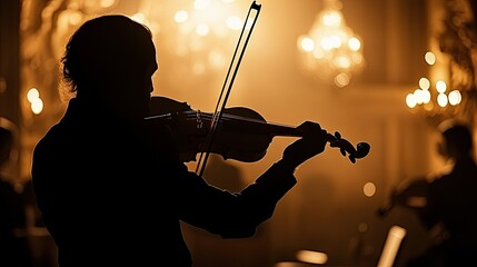 Fototapeta premium Silhouette of a violinist in a classical concert setting, soft lighting highlighting the elegance of the scene