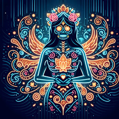 Flat Neon Catrina Figure with Glowing Floral Elements concept as A digital artwork featuring a neon Catrina figure adorned with glowing floral elements set against an abstract background with swirling
