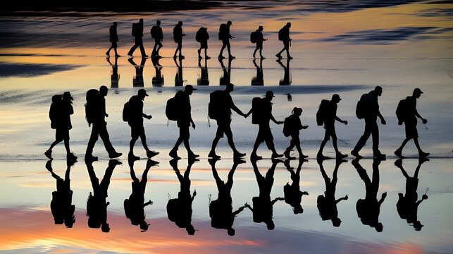 Silhouette of Immigrant Family with Backpacks at Sunset - International Migrant Workers' Day