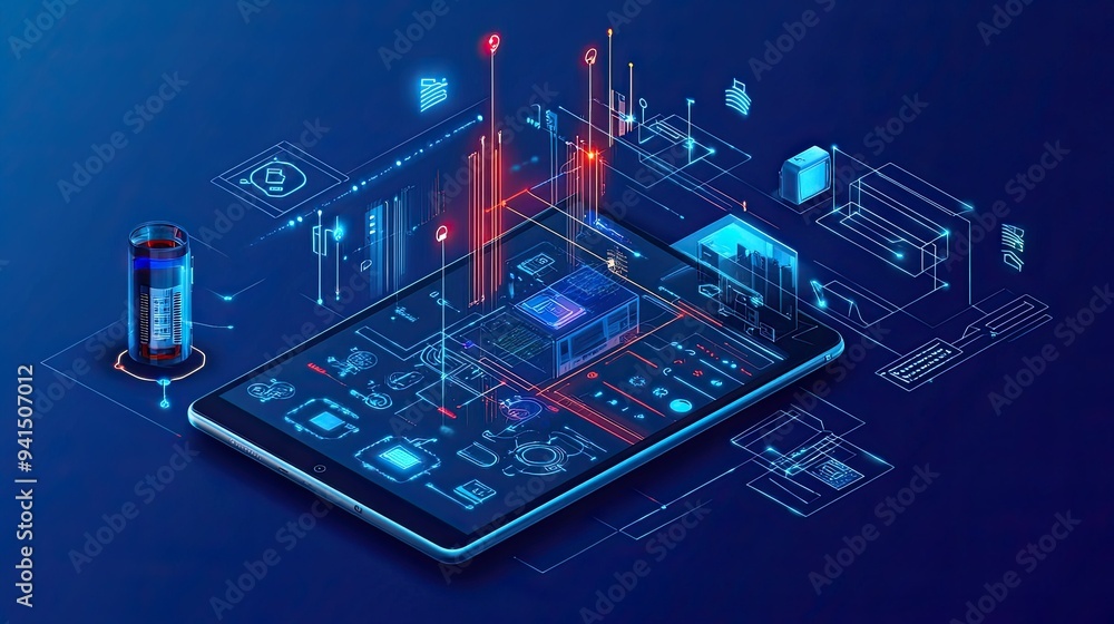 Poster smart home interface on a tablet controlling various devices, with connected appliances and gadgets 