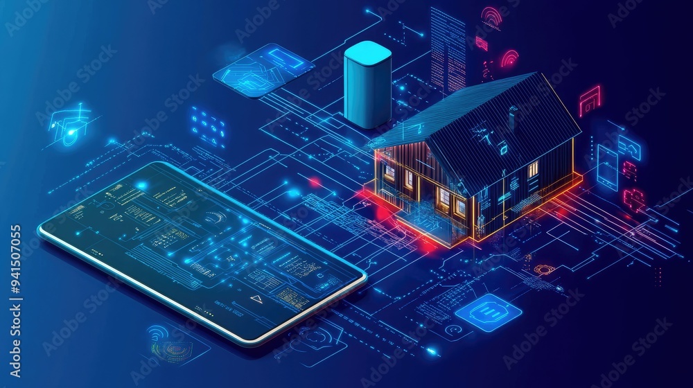 Poster smart home interface on a tablet controlling various devices, with connected appliances and gadgets 