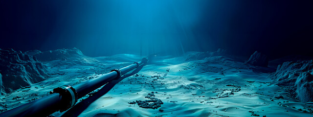 An underwater internet communication cable on the seabed under ocean water. The concept of fast internet.