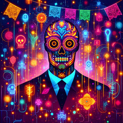 Flat Neon Papel Picado in Digital Abstract Light concept as A vibrant digital composition featuring neon papel picado banners floating in an abstract space filled with glowing light effects and dynami