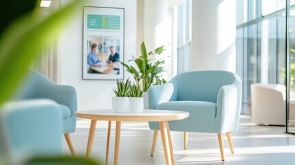 Modern office waiting area with two blue chairs, a coffee table and a plant.  Sunlight streams through large windows.