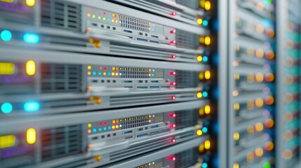 Rows of server racks with blinking lights in a data center.