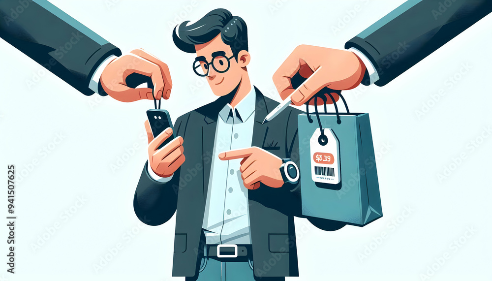 Poster flat shopper checking price tag concept as candid close up shot of a shopper holding an item and che