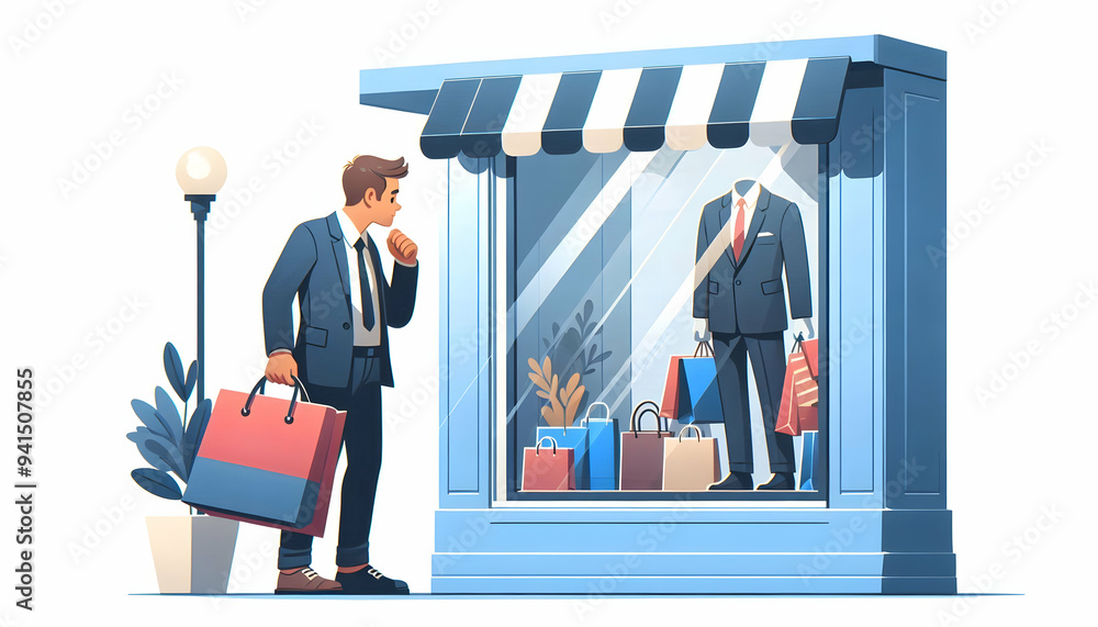 Poster flat shopper looking at display window concept as candid shot of a shopper peeking into a stores dis