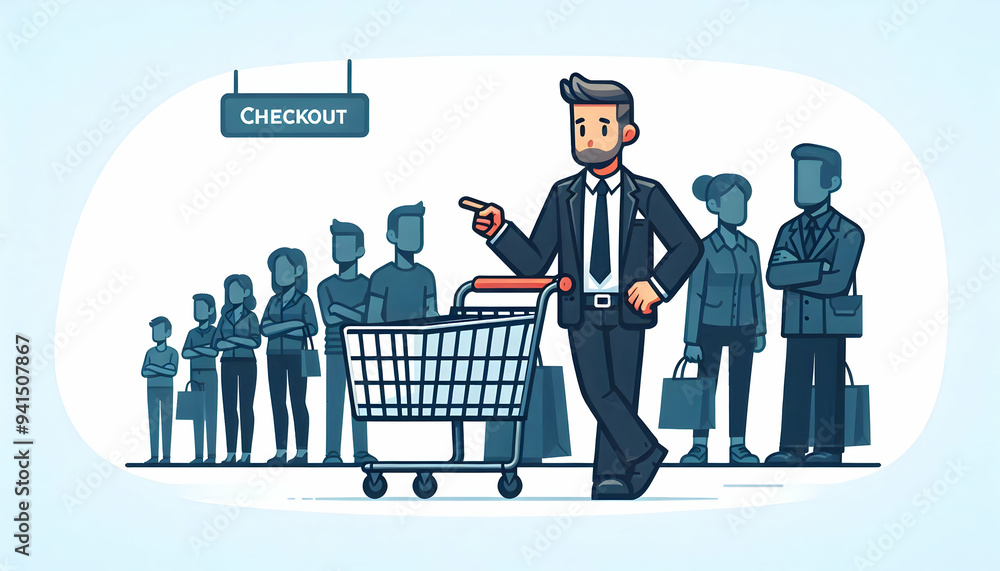Poster flat shopper in checkout line concept as candid shot of a shopper waiting in a long checkout line wi