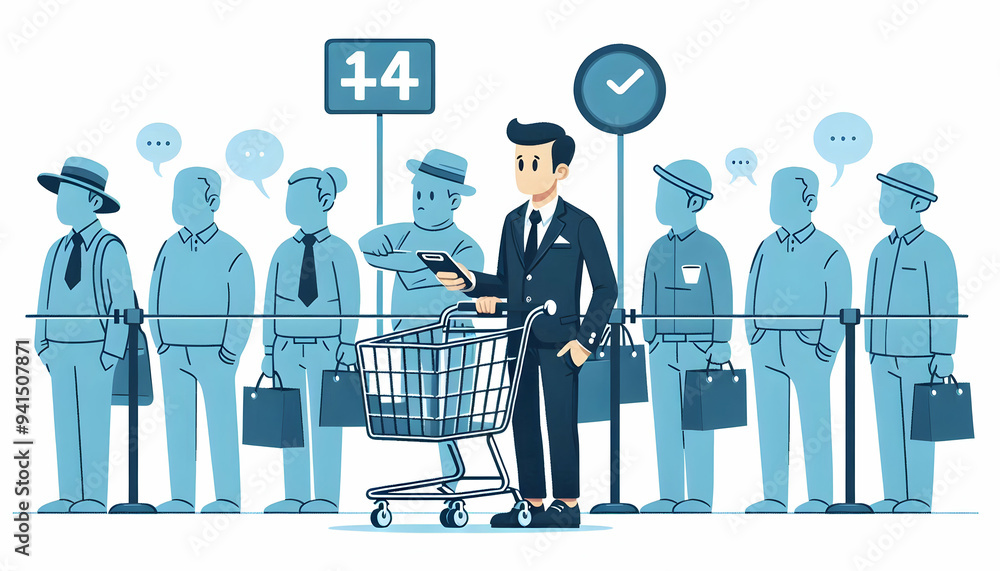 Poster flat shopper in checkout line concept as candid shot of a shopper waiting in a long checkout line wi