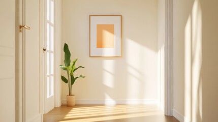 Sunlight streams through a window in a minimalist hallway, illuminating a plant and a framed print.