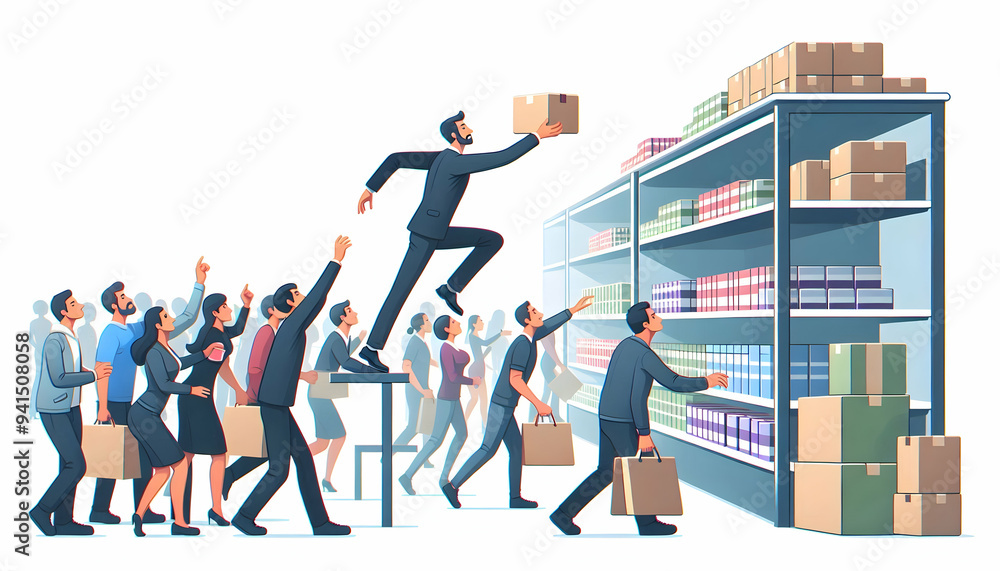 Poster flat shopper reaching for top shelf concept as candid shot of a shopper reaching for an item on the 
