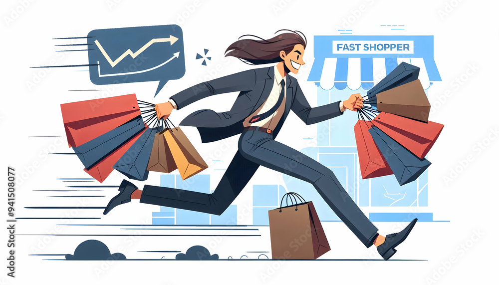 Poster flat shopper rushing through store concept as candid shot of a shopper hurrying through a store with