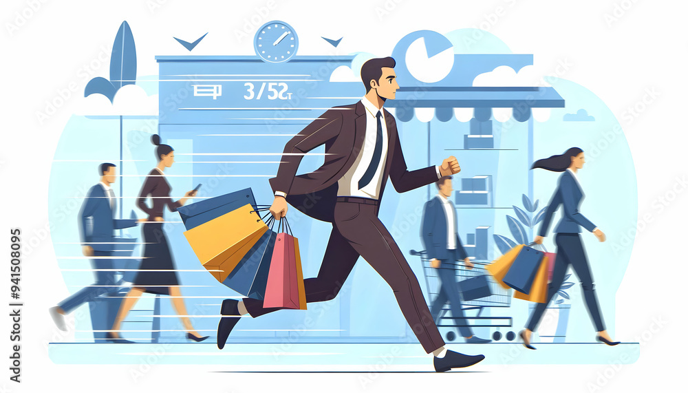 Poster flat shopper rushing through store concept as candid shot of a shopper hurrying through a store with