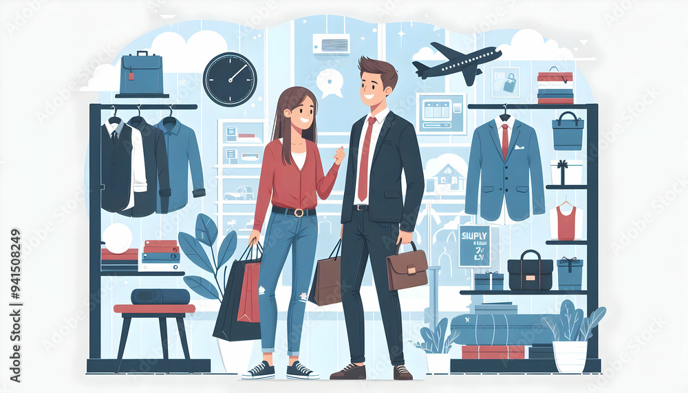 Poster flat shopper talking with friend in store concept as candid shot of two shoppers chatting and laughi