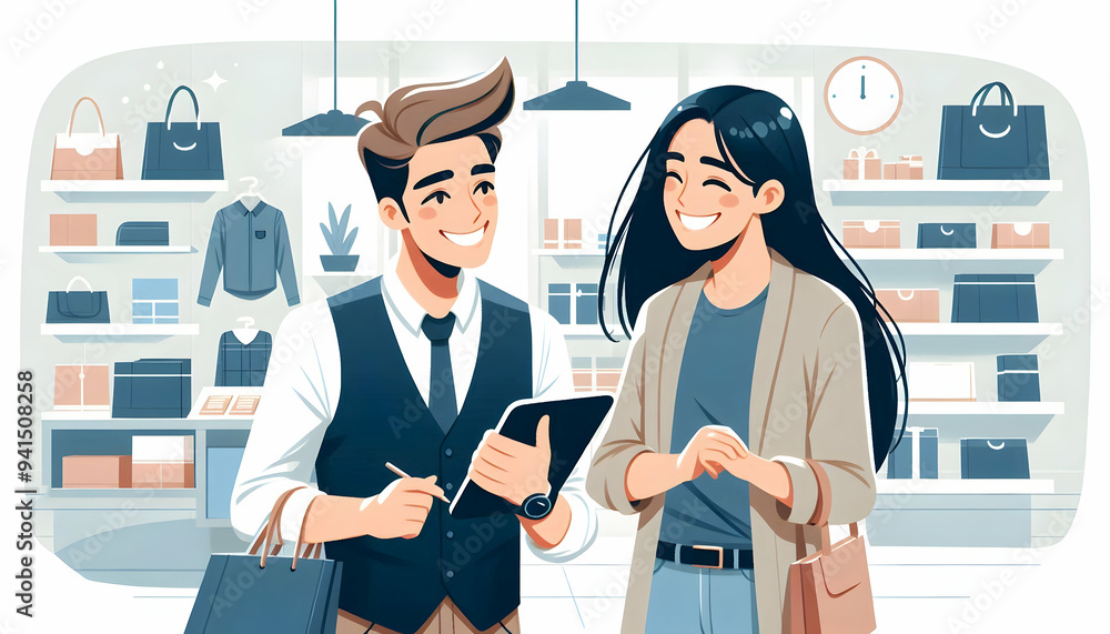Poster flat shopper talking with friend in store concept as candid shot of two shoppers chatting and laughi