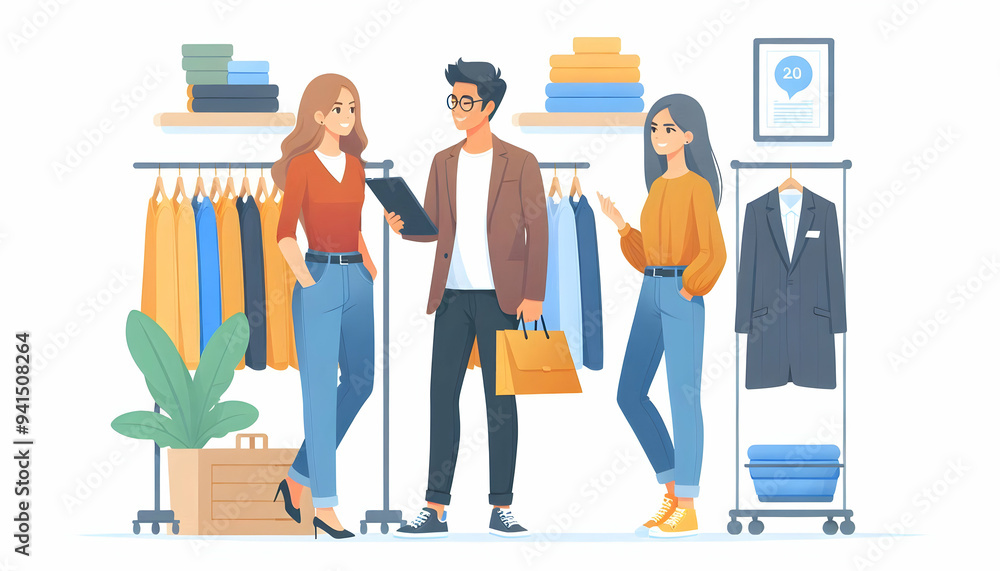 Poster flat shopper talking with friend in store concept as candid shot of two shoppers chatting and laughi