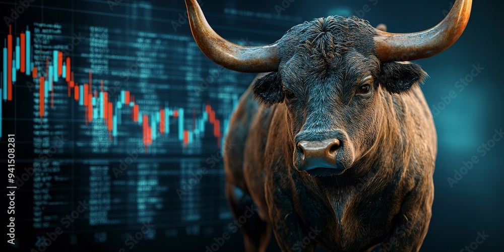 Poster bull with stock market chart in the background