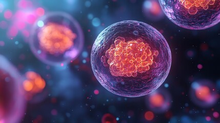 Naklejka premium Detailed illustration of human cells with a focus on the nucleus, highlighting cellular structures and vibrant colors in a microscopic view.