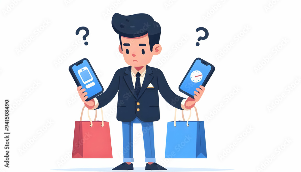 Poster flat shopper trying to decide between items concept as candid shot of a shopper holding two differen