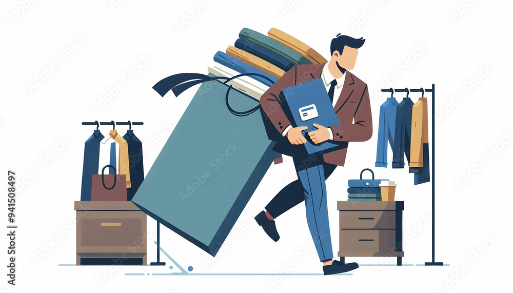Poster flat shopper with arms full of clothes concept as candid shot of a shopper holding a large pile of c
