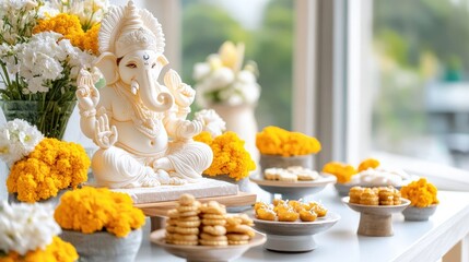 Obraz premium White Ganesha statue with flower arrangements and sweets on a table.