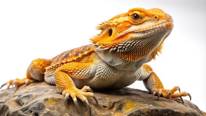 Naklejka premium A majestic bearded dragon perches on a rock, its scales glistening in shades of orange and yellow, against a pure white background, exuding confidence.