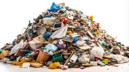 Fototapeta premium A massive heap of discarded trash, including plastics, papers, and broken appliances, littered in a chaotic, overflowing pile against a stark white background.