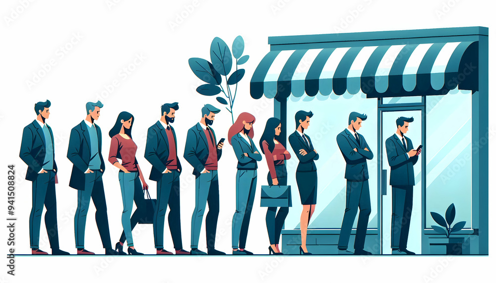 Poster flat shoppers queueing outside store concept as candid shot of a line of shoppers waiting outside a 