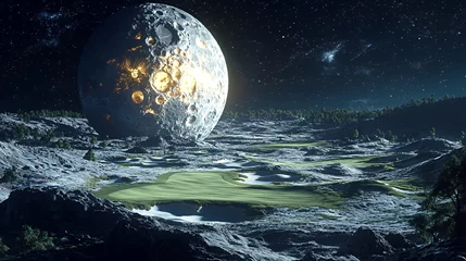 A surreal landscape featuring a large moon over a green terrain.