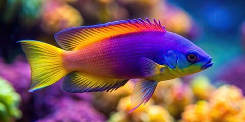 royal dottyback, nature, underwater photography, A close up photograph of a royal dottyback fish Pictichromis paccagnellorum showcasing its vibrant colors and unique tilted angle