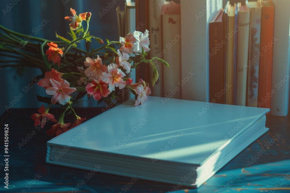 Poster a stack of books resting on a table with a flat surface