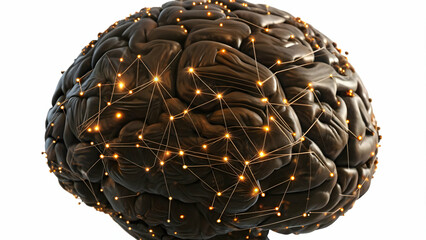 Flat Abstract AI brain with digital nodes on an isolated white background concept as A stylized abstract AI brain connected by glowing digital nodes isolated on a white background. The design symboliz