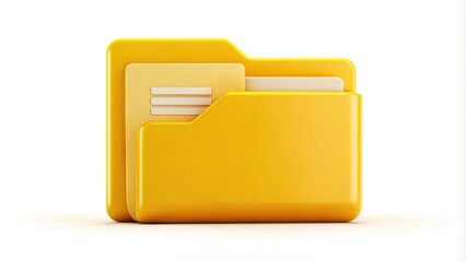 A minimalist yellow folder icon with a documents symbol on it, set against a clean white background, representing digital file organization and storage.