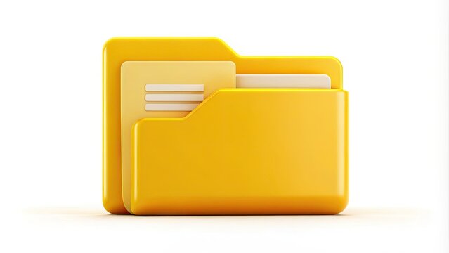 A minimalist yellow folder icon with a documents symbol on it, set against a clean white background, representing digital file organization and storage.