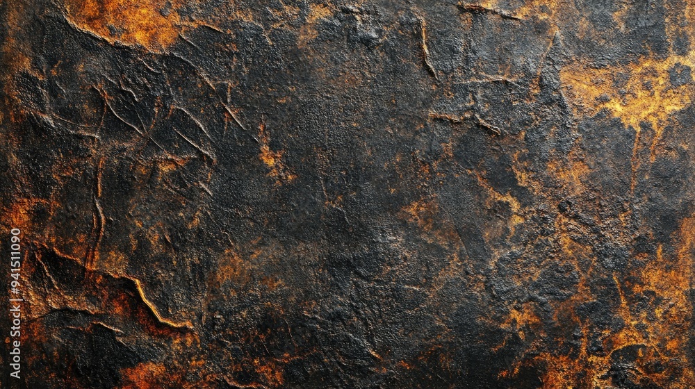 Poster top view of an old, heavily rusted iron surface with deep scratches and uneven corrosion patterns