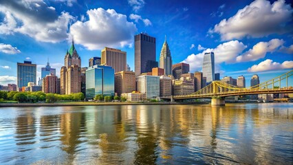 Obraz premium A photo capturing the magnificent downtown skyline of Pittsburgh as viewed from eye level by the river, river, skyline, landscape, urban development,Pittsburgh, Three Rivers