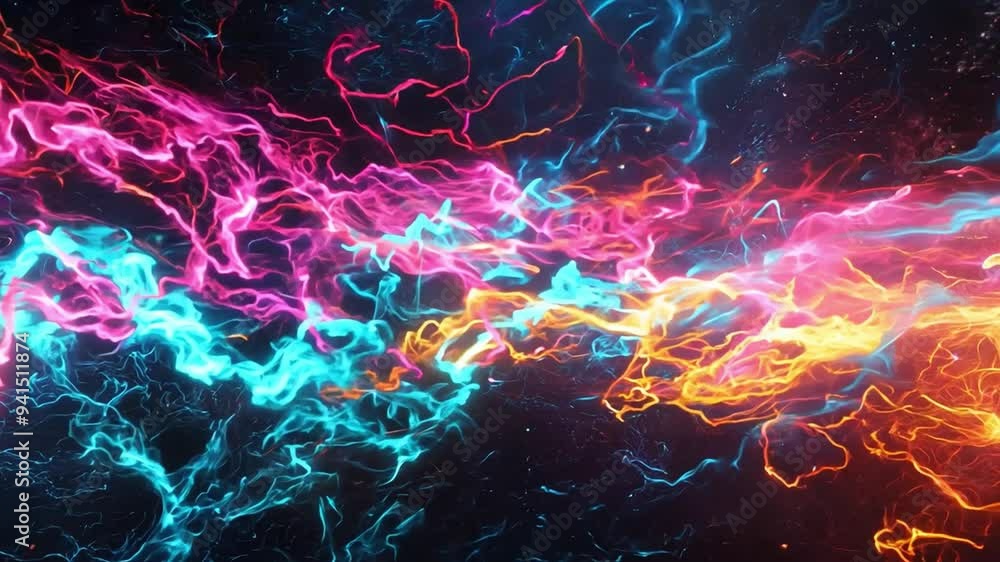 Poster colorful energy flows in dynamic patterns against a dark background, creating a mesmerizing abstract